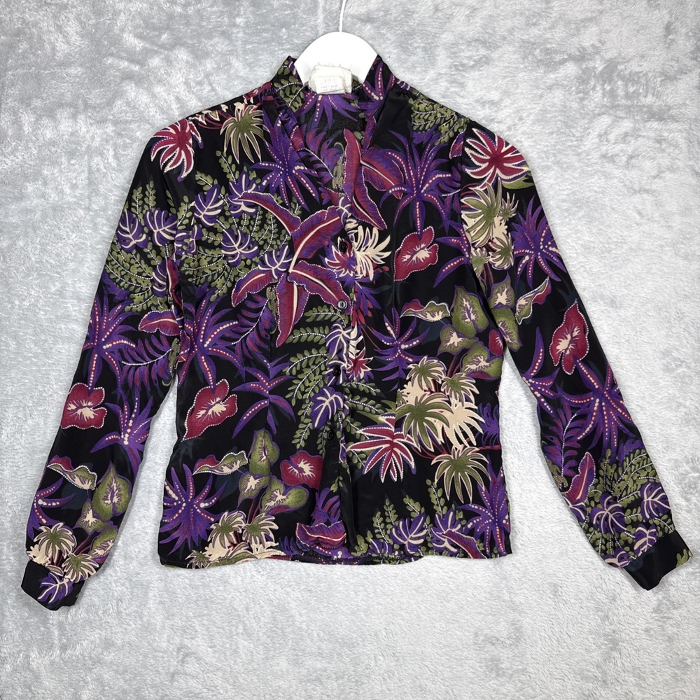 California Krush Button Shirt Womens 7/8 Black Floral band Collar Rayon Hawaiian